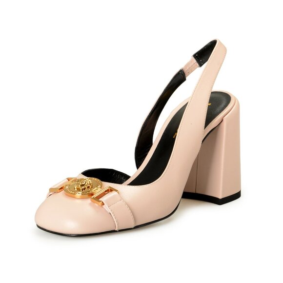 Versace Women's Soft Pink Leather Heeled Sling Back Sandals Shoes US 5 IT 35